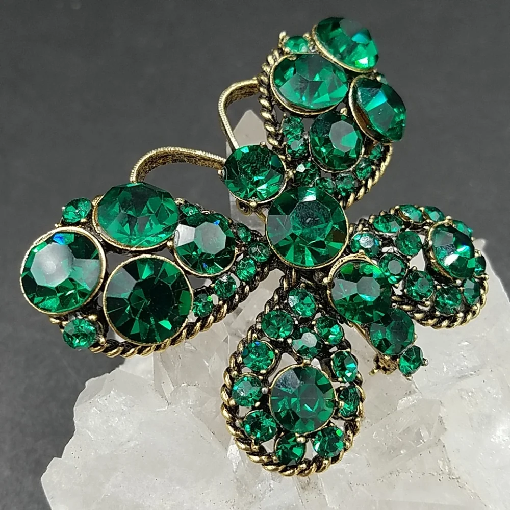 Vintage Hollycraft Green Rhinestone Butterfly Brooch